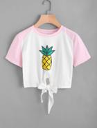Romwe Pineapple Print Knot Front Contrast Sleeve Tee