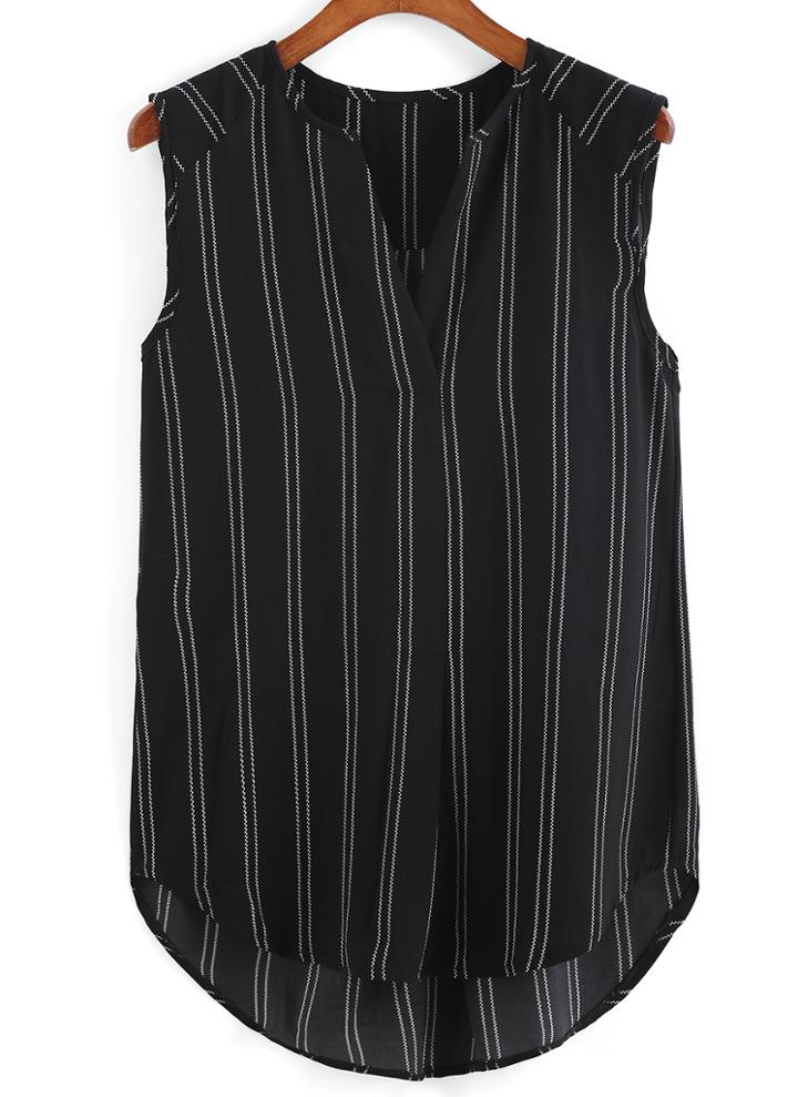 Romwe V Neck Dip Hem Vertical Striped Chiffon Black Tank Top