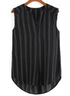 Romwe V Neck Dip Hem Vertical Striped Chiffon Black Tank Top