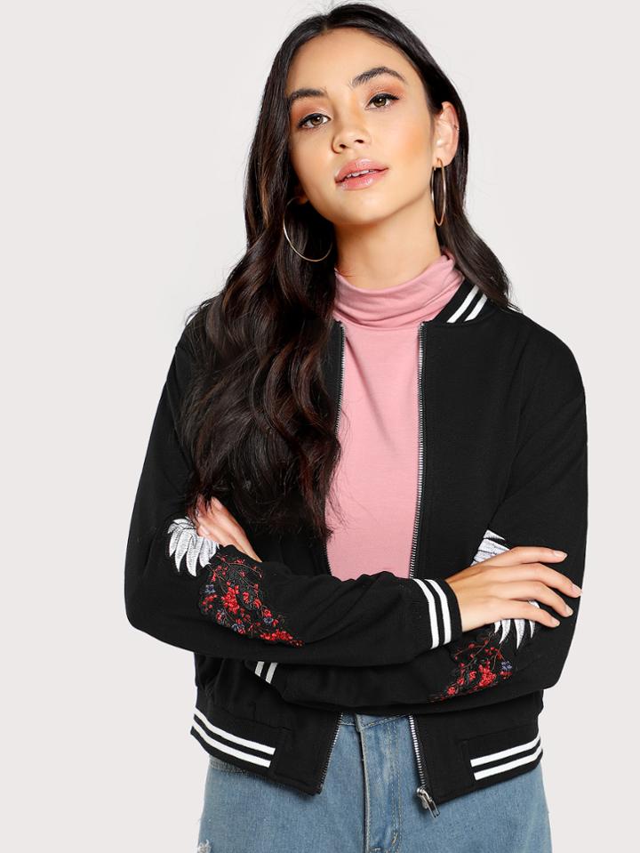 Romwe Striped Trim Crane Bird Embroidered Bomber Jacket