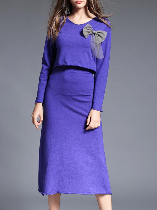 Romwe Purple V Neck Bowknot Top With Skirt