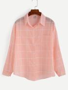 Romwe Pink Long Sleeve Lapel Plaid Pocket Shirt