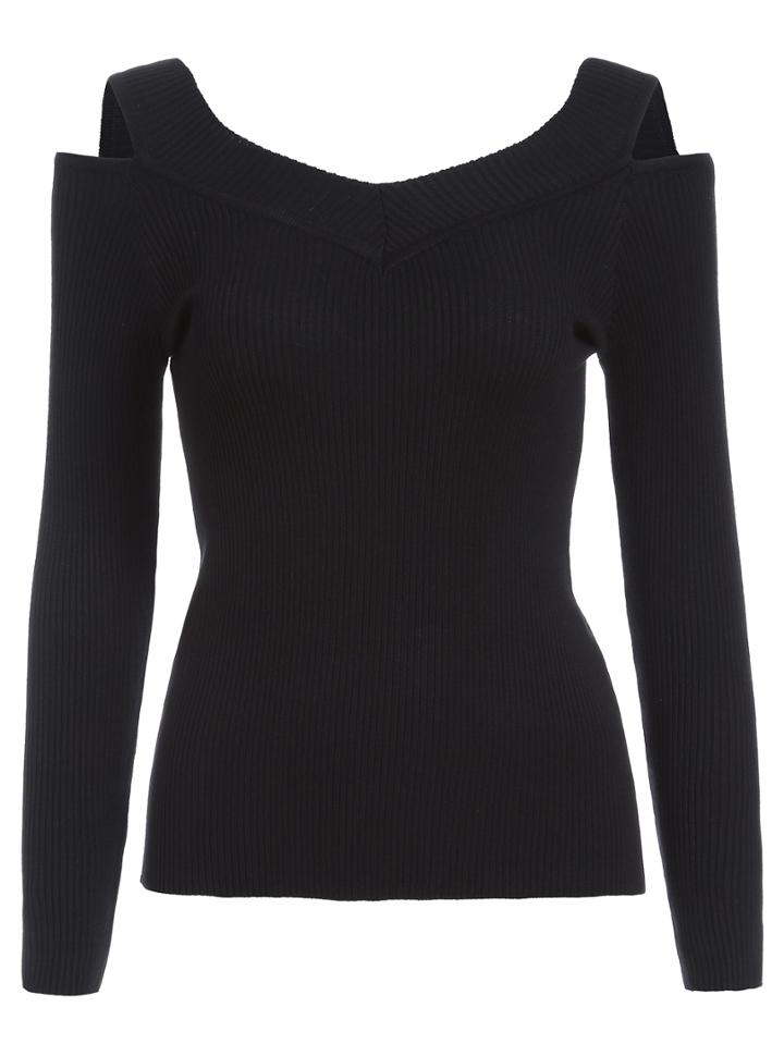 Romwe V Neck Open Shoulder Black Sweater