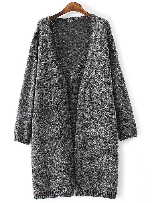 Romwe Grey Drop Shoulder Eyelet Pockets Cardigan