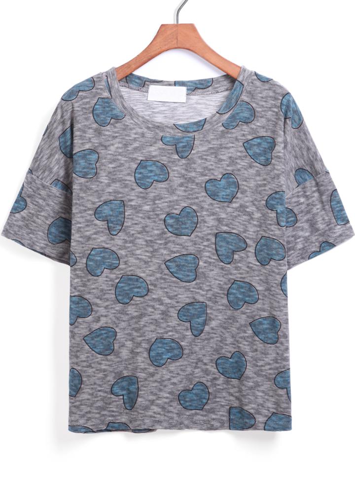 Romwe Grey Short Sleeve Hearts Print T-shirt