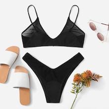 Romwe Mesh Panel Top With Seam Trim Bikini Set