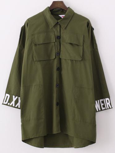 Romwe Army Green Lapel Dip Hem With Pockets Letter Print Coat