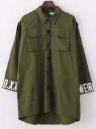 Romwe Army Green Lapel Dip Hem With Pockets Letter Print Coat
