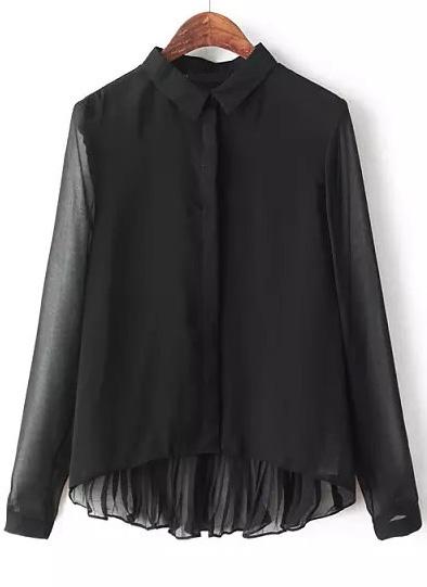 Romwe Black Long Sleeve Loose Dipped Hem Blouse