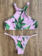 Romwe Pink Leaf Print Racer Back Bikini Set
