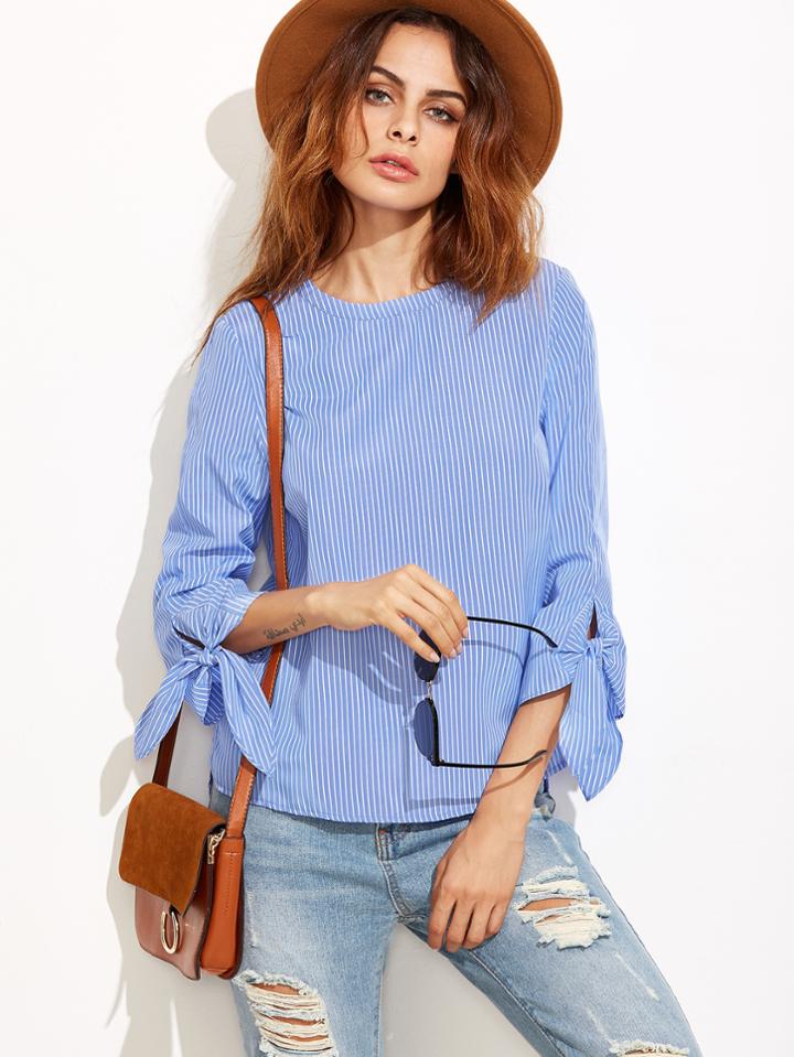 Romwe Blue Pinstripe Tie Sleeve High Low Blouse