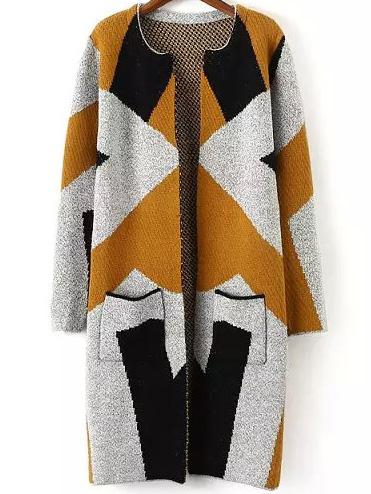 Romwe Geometric Print Pockets Yellow Coat