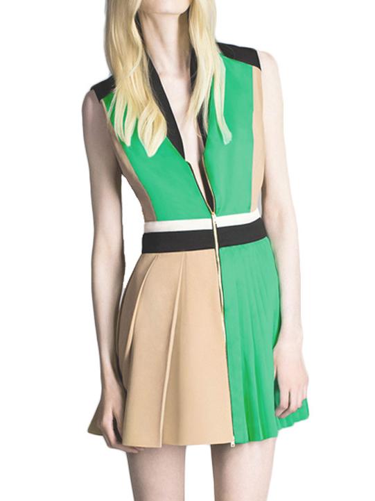 Romwe Color-block V Neck Zipper Pleated Dress