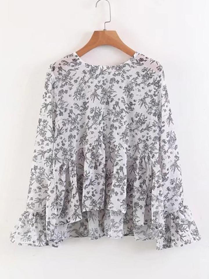Romwe Floral Print Bell Cuff High Low Top