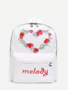 Romwe Strawberry Embroidery Double Zipper Canvas Backpack
