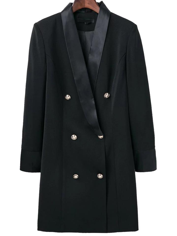 Romwe Black Shawl Collar Double Breasted Long Blazer
