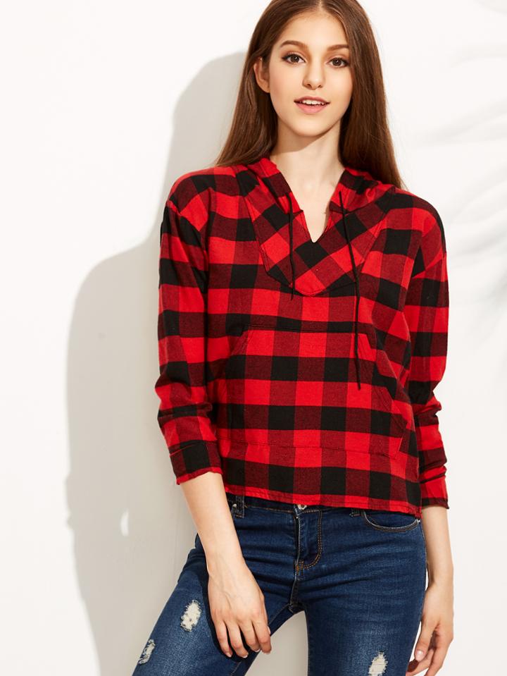 Romwe Red Check High Low Hoodie Sweatshirt