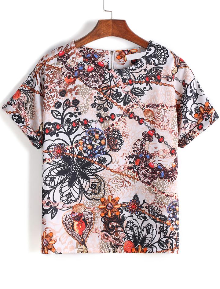 Romwe Jewelry Print Chiffon T-shirt