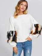 Romwe Drop Shoulder Pullover With Faux Fur Sleeve