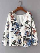 Romwe V-neckline Drop Shoulder Seam Floral Blouse