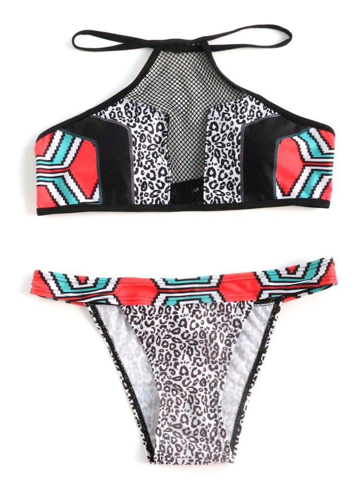 Romwe Leopard Print Net Detail Halter Bikini Set