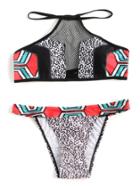 Romwe Leopard Print Net Detail Halter Bikini Set