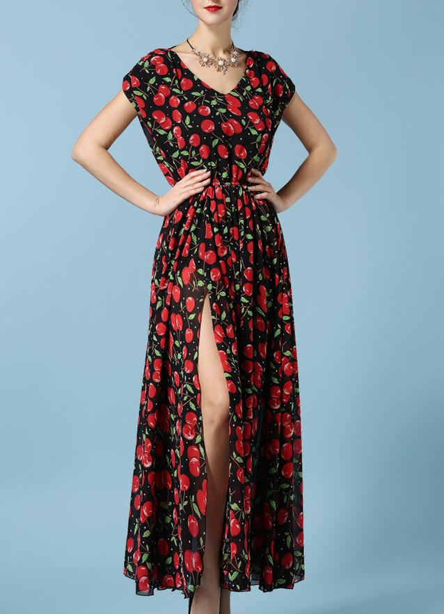 Romwe V Neck Appel Print Thigh Split Chiffon Dress