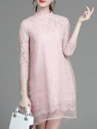 Romwe Pink Contrast Gauze Shift Lace Dress