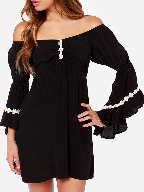 Romwe Off The Shoulder Bell Sleeve Embroidered Chiffon Dress