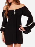 Romwe Off The Shoulder Bell Sleeve Embroidered Chiffon Dress