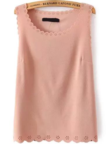 Romwe Round Neck Scalloped Hollow Pink Vest