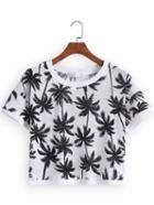 Romwe Tree Leaf Print White T-shirt