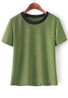 Romwe Round Neck Vertical Striped Green T-shirt