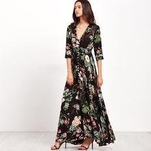 Romwe Smocked Waist Button Through Floral Maxi Dress