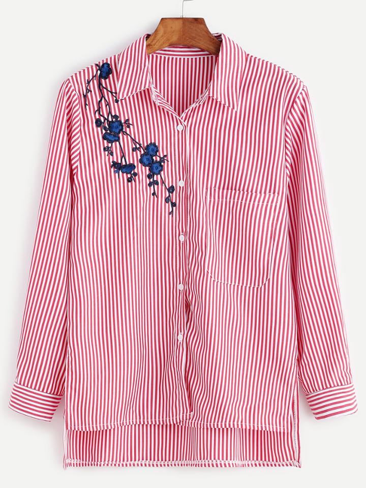 Romwe Vertical Striped High Low Flower Embroidery Pocket Blouse