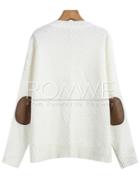 Romwe White Long Sleeve Elbow Patch Cable Knit Sweater