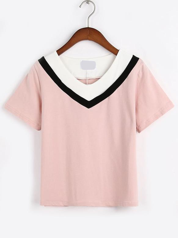 Romwe Pink Color Block V Neck T-shirt
