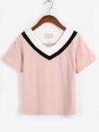 Romwe Pink Color Block V Neck T-shirt
