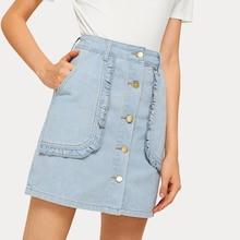 Romwe Button Front Frill Denim Skirt