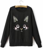 Romwe Black Cat Face Diamond Embroidered Sweatshirt