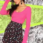 Romwe Neon Pink Slim Fitted Rib-knit Crop Tee