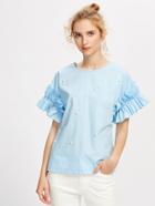 Romwe Pearl Beading Shirred Frill Sleeve Top