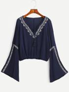 Romwe Navy Bell Sleeve Lace Up Fringe Embroidered Blouse