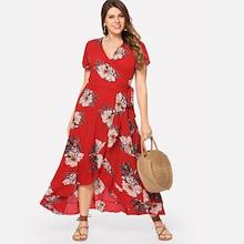 Romwe Plus Surplice Neck Floral Overlap Ruffle Hem Dress
