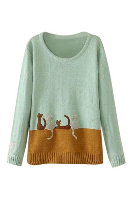 Romwe Cute Cats Print Color Block Jumper