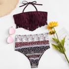 Romwe Plus Fringe Decorated Calico Print Bikini Set