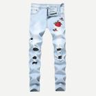 Romwe Men Rose Embroidery Skinny Destroyed Jeans