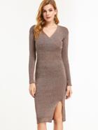 Romwe V Neck Slit Side Ribbed Knit Pencil Dress