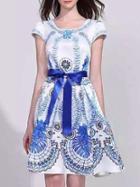 Romwe White Tie-waist Print A-line Dress