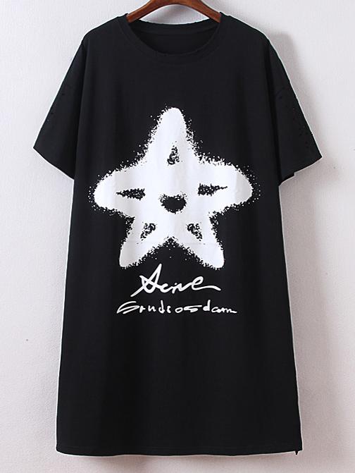 Romwe Black Short Sleeve Split Side Star Print T-shirt Dress